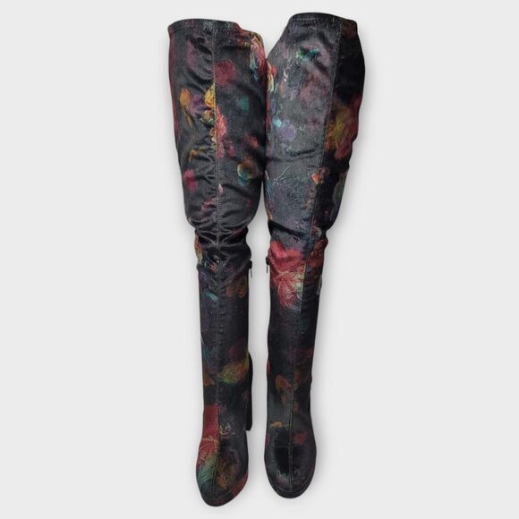 Madden Girl Groupie Black Floral Velvet Over The Knee Platform Heel Boot Size 9 - Picture 2 of 13